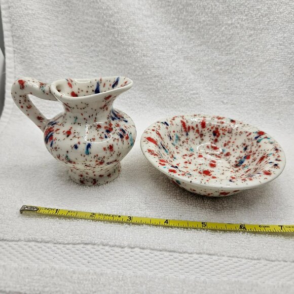 Pitcher Bowl Pottery Set Miniature Orange Blue Teal Glaze Signed F 1968 Vtg - Picture 4 of 8